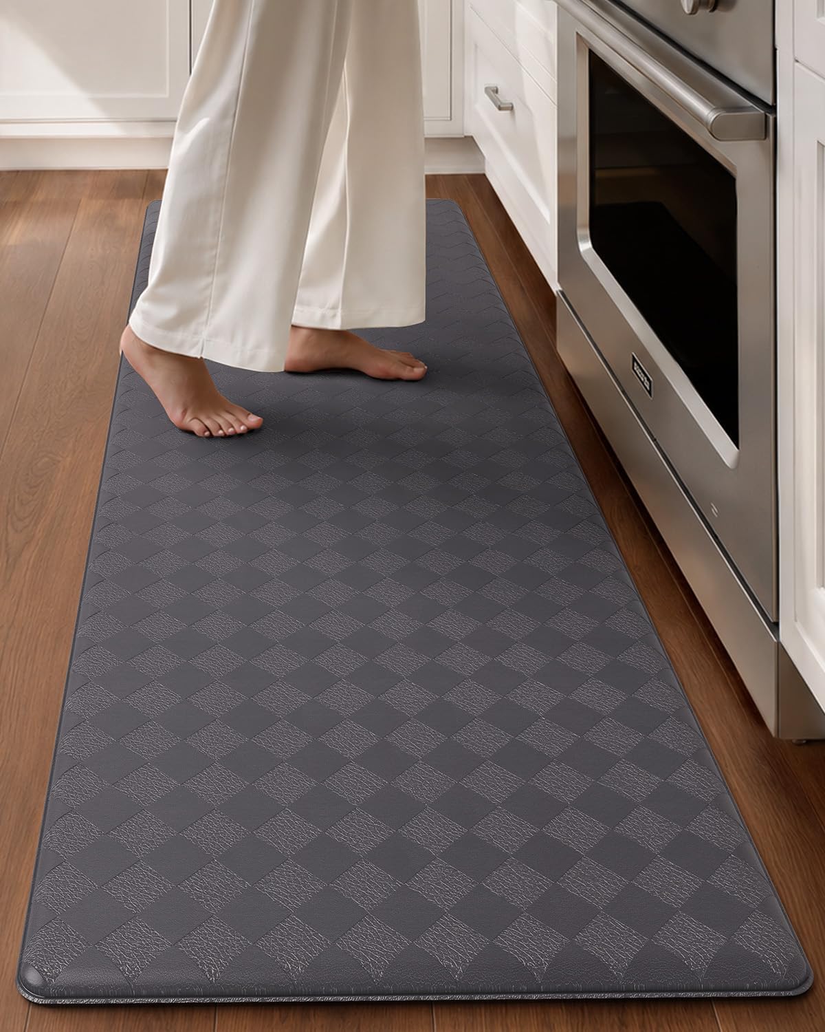 Color&Geometry Checkered Narrow Kitchen Floor Mat Anti Fatigue 17x47, Grey | Water&Oil Proof, Easy Clean PVC Kitchen Rug, 0.4in Thick Cushion For Long Standing, Non Slip