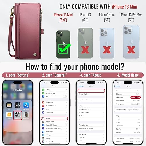 Miniatura 2 de Defencase Compatible with iPhone 13 Mini Case Wallet with RFID Blocking Card Holder for Women Men, PU Leather Magnetic Snap Flip Zipper Strap Wallet