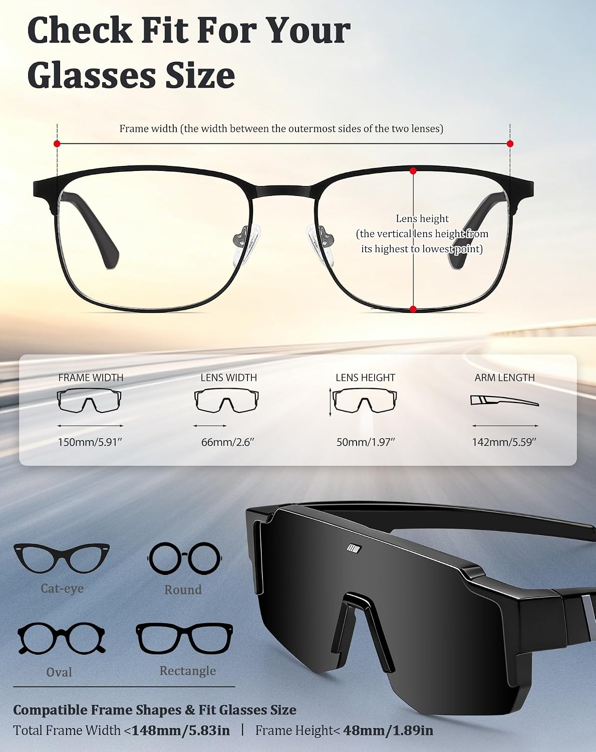 Joopin Men's Polarised Cycling Glasses for Glasses Wearers UV400 Square Sunglasses Over Glasses Women for Bicycle Fishing Running Outdoor, black, One Size image 5
