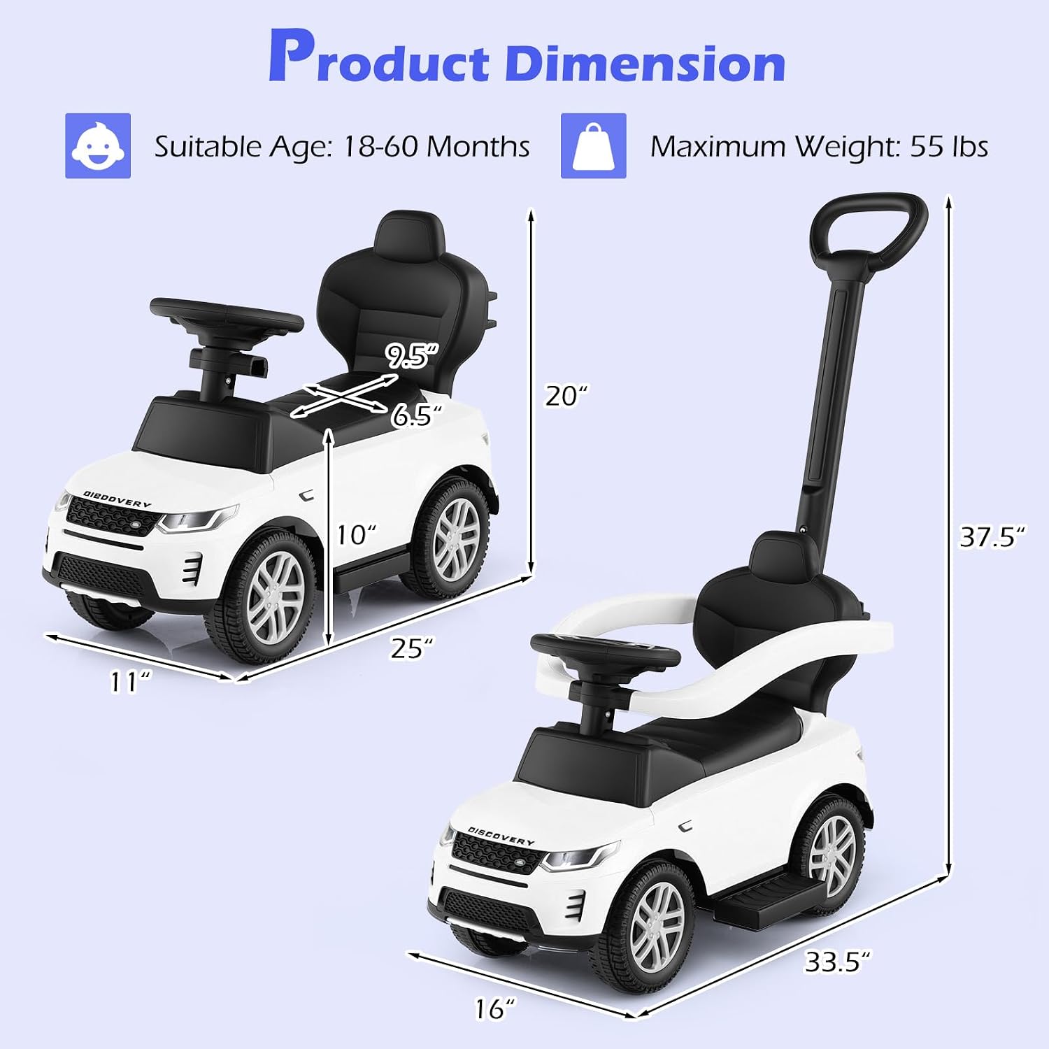Licensed Push Car for Toddlers by INFANS, 3 in 1 Sliding Walking Car with Push Handle, Horn, Music, Underneath Storage, Foot-to-Floor Ride on Toys for Boys Girls (White)