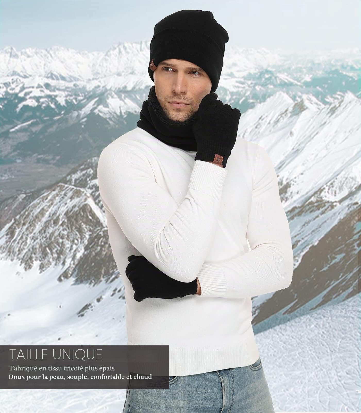 Bequemer Laden Hommes Femmes Hiver Chaud Bonnet Gants Tactiles Écharpe Tricoter Ensemble avec Doublure Polaire Cadeaux Noel Femme Homme