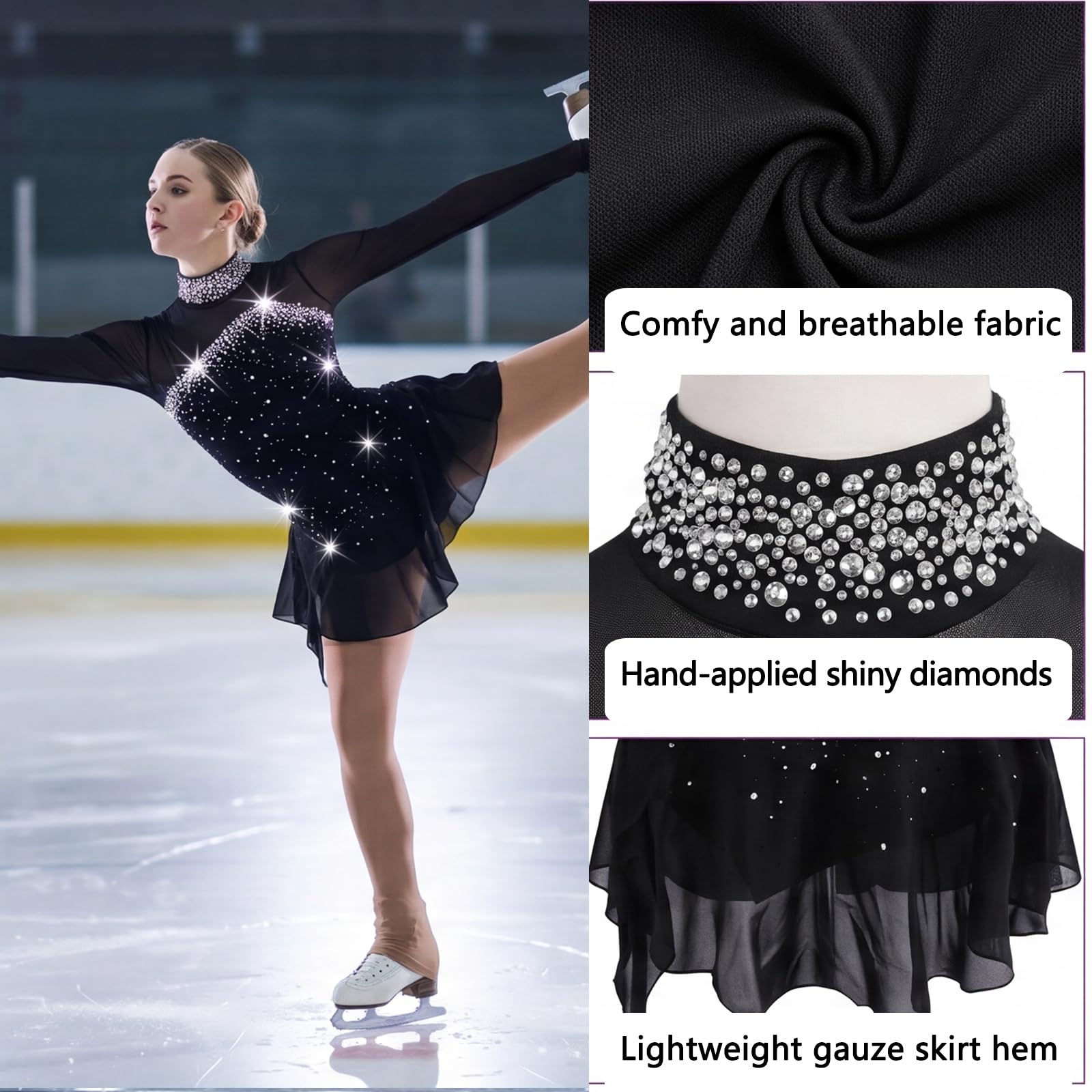LIUHUO Vestido de patinaje artístico para niñas y mujeres, hecho a mano, con cristales de calidad, manga larga, transpirable