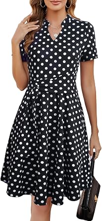 Mokayee Womens Summer Short Sleeve V Neck Fit and Flare A Line Business Casual Wedding Guest Work Dresses with Pockets