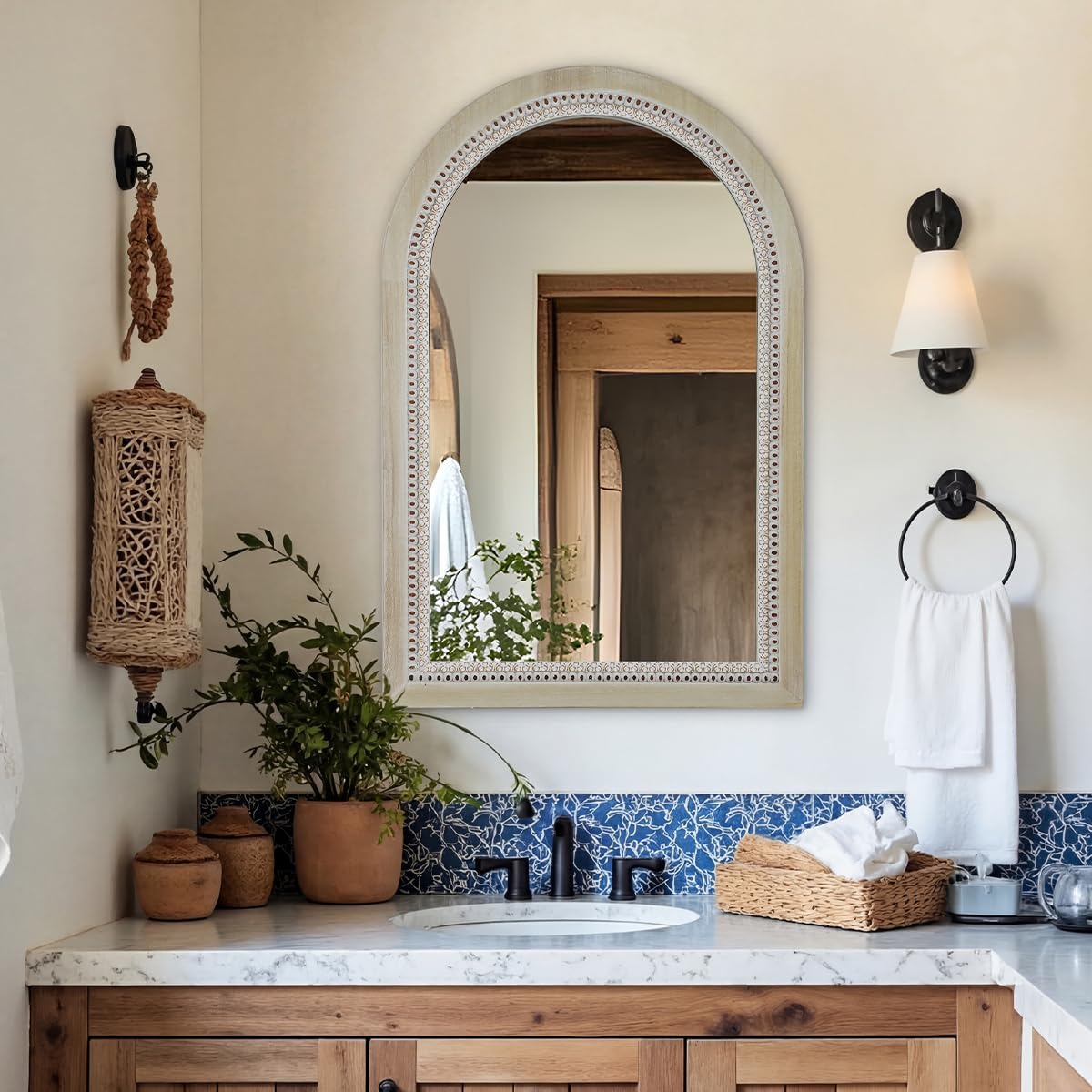 Arched Wooden Mirrors for Farmhouse Wall Decor Arched Wood Frame With Beads Details, Rustic Large Bathroom Vanity Mirrors for Bathroom, Over Sink, Bedroom, Living Room, Entryway,Foyer (36''Lx24''W)