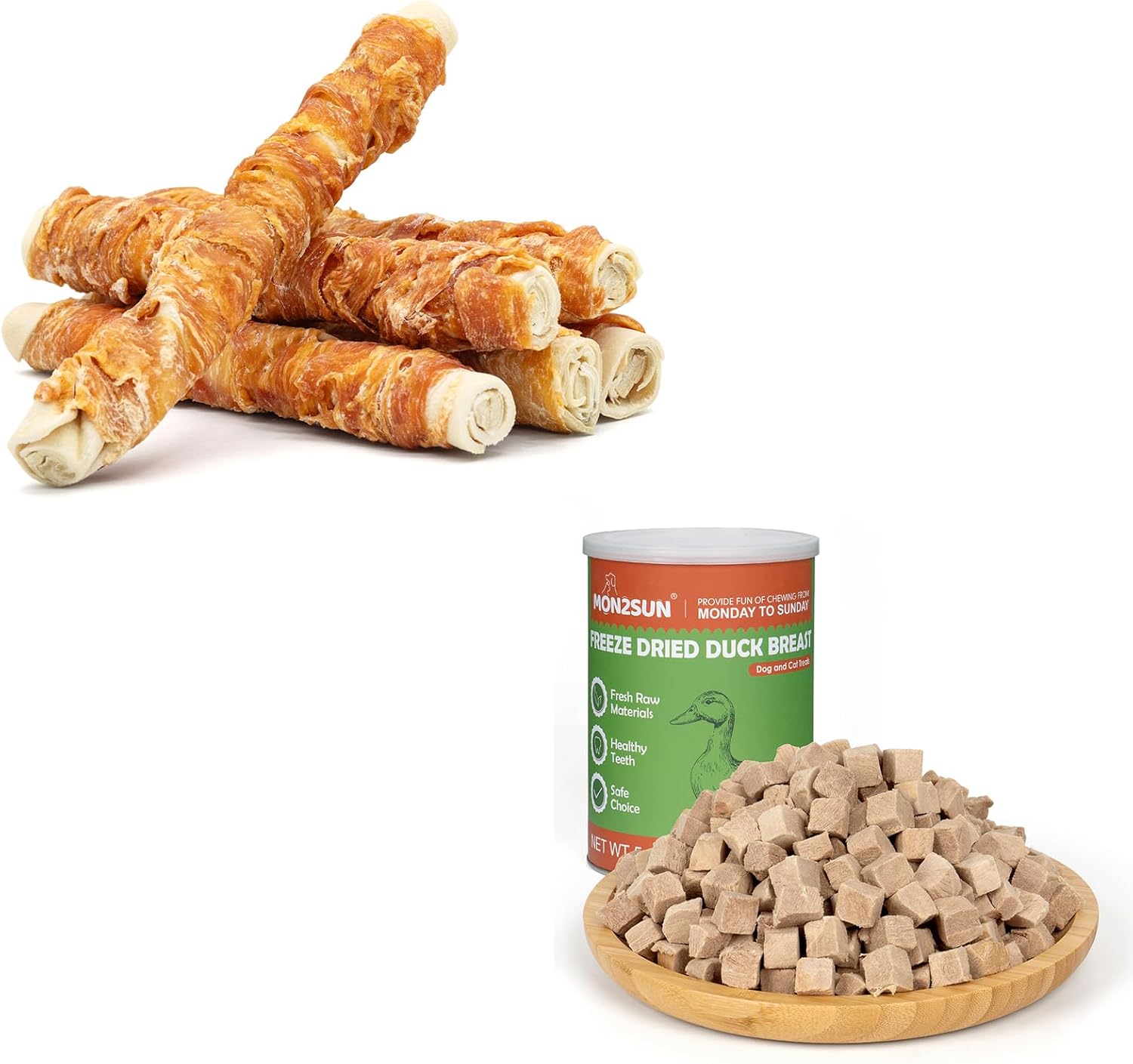 MON2SUN 9 Inch Dog Rawhide Rolls 6 Count for Medium and Large Dogs & Freeze Dried Duck 5.3 Ounce for Dogs and Cats