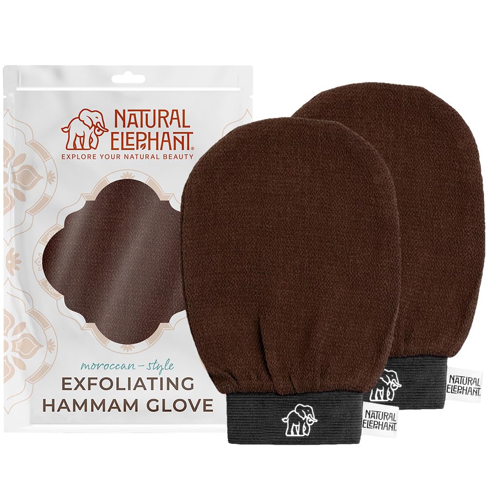 Natural Elephant Exfoliating Hammam Glove | Authentic Moroccan Kessa Body Scrub Mitt for Spa-Quality Skin Renewal | Chocolate Brown 2 Pack