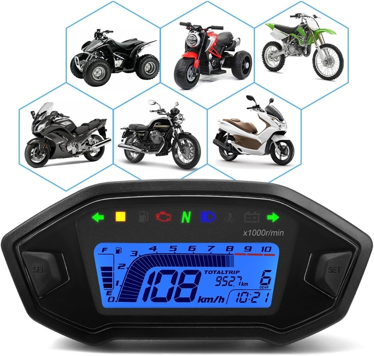 Speedometer Gauge Motorcycle Speedometer Universal Moto Dashboard 7 Colors Backlight Adjust Fuel Gauge Odometer Digital for 1 2 4 Cylinder
