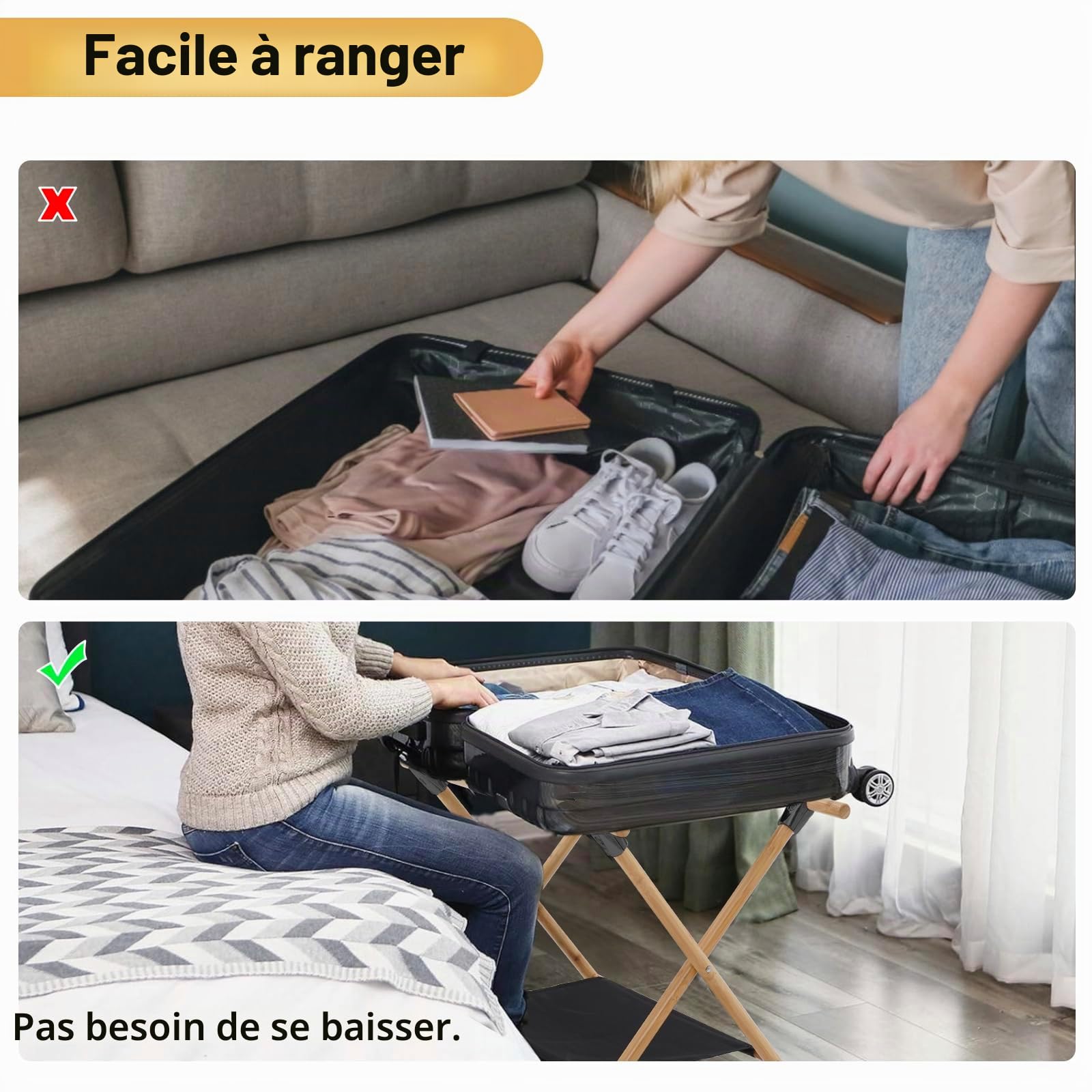 Grand Porte Bagages Pliable, Lot de 2 porte-bagages double couche avec 4 sangles, tabouret de valise pour hôtel et maison, 64 x 45 x 52 cm