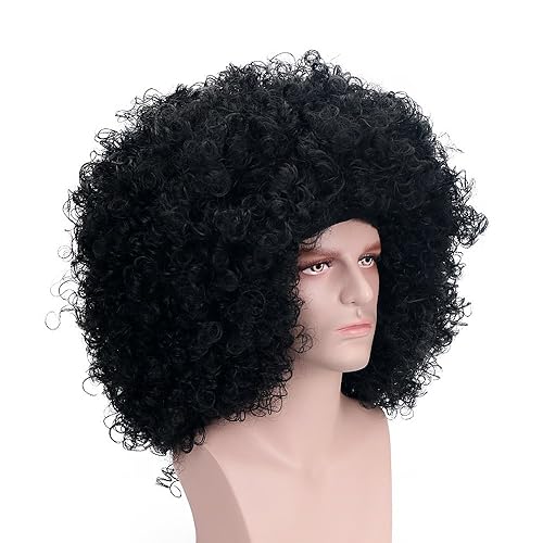 Miniatura 3 de AICKER Peluca afro rizada esponjosa grande sintética de los años 70 estilo rockero hippie punk disfraz fiesta cosplay pelo negro