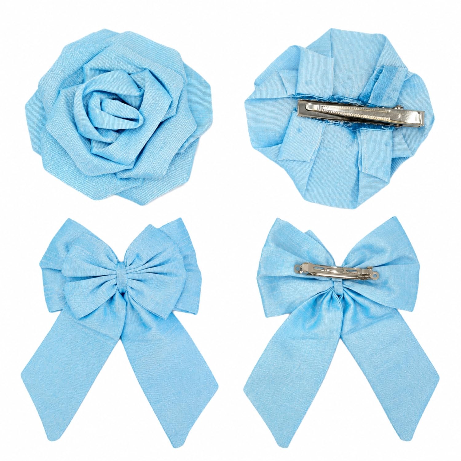 ORIENTAè Set Accessori Capelli Donna, Rosa e Fiocco con Fermaglio | Seta Thailandese, Mollette Eleganti Azzurro e Turchese, Accessori Capelli Cerimonia, Regalo Donna
