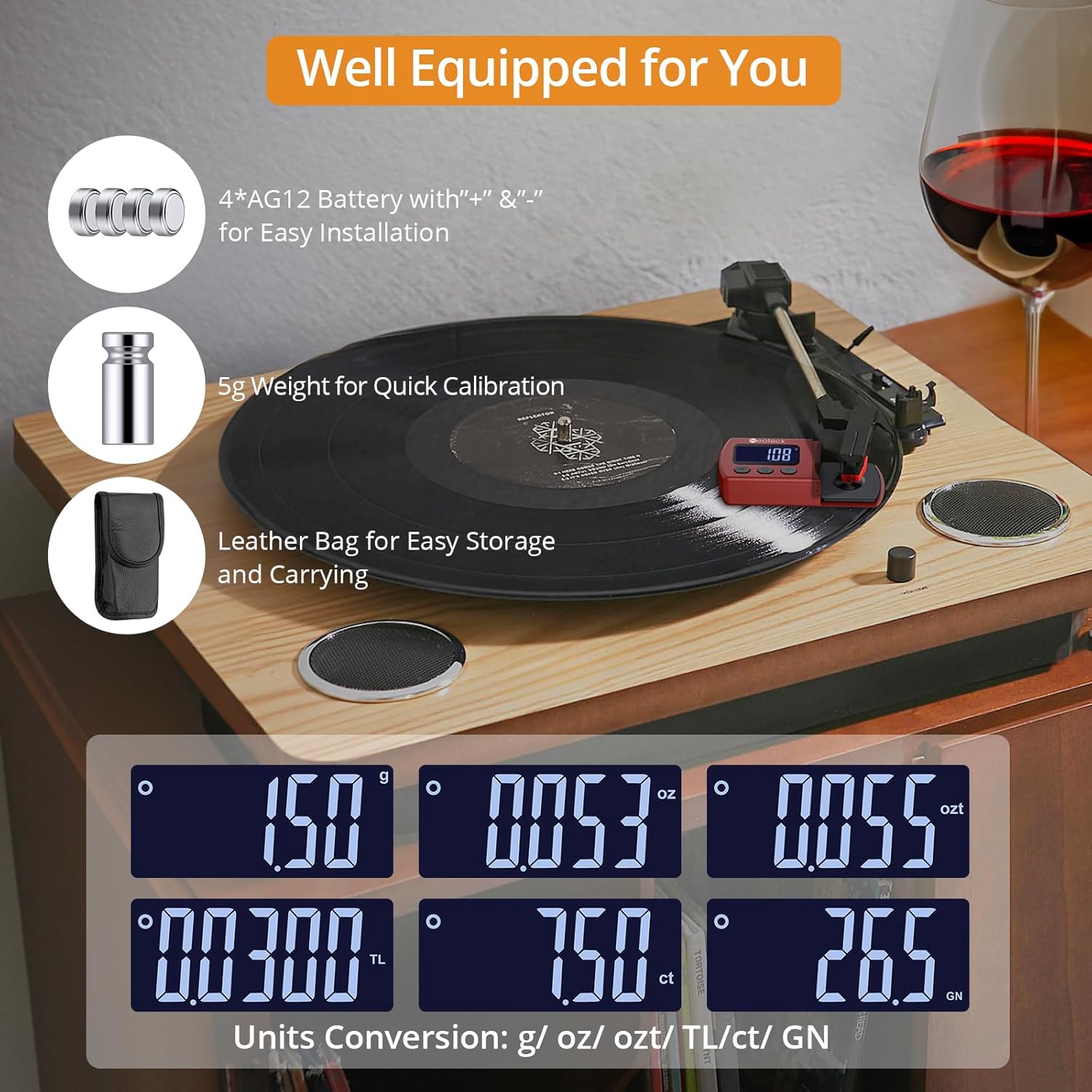 Neoteck Digital Stylus Force Gauge showing various unit conversions and accessories like batteries, 5g weight, and leather bag.