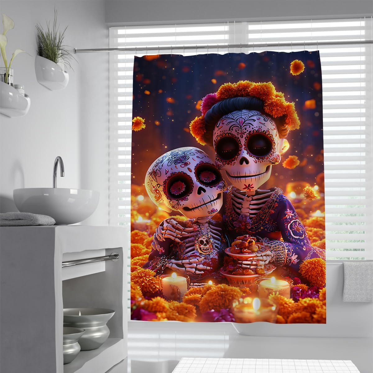 UIRINGART Day of the Dead Skeleton Couple Shower Curtain W120xL200cm Mexican Sugar Skull Cute Marigold Flower Pattern Anti Mould Waterproof Bathtub Screens for Wet Room with Hooks