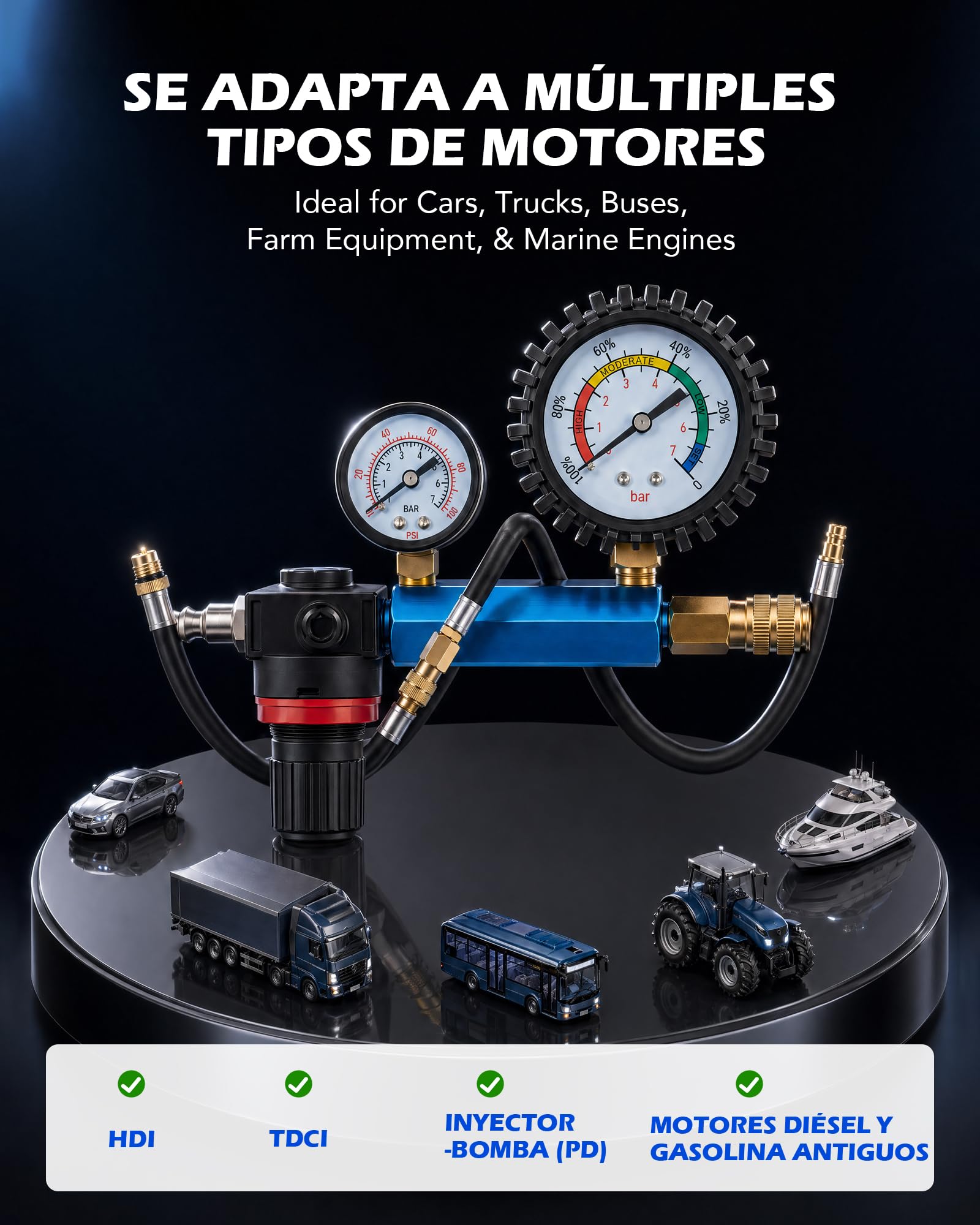 Orion Motor Tech Juego de Comprobador de Compresión y Pérdida de Presión 51 Piezas – Kit Compresímetro 0–50 Bar para Motores Gasolina y Diésel, Turismos y Camiones, Adaptadores M8–M24