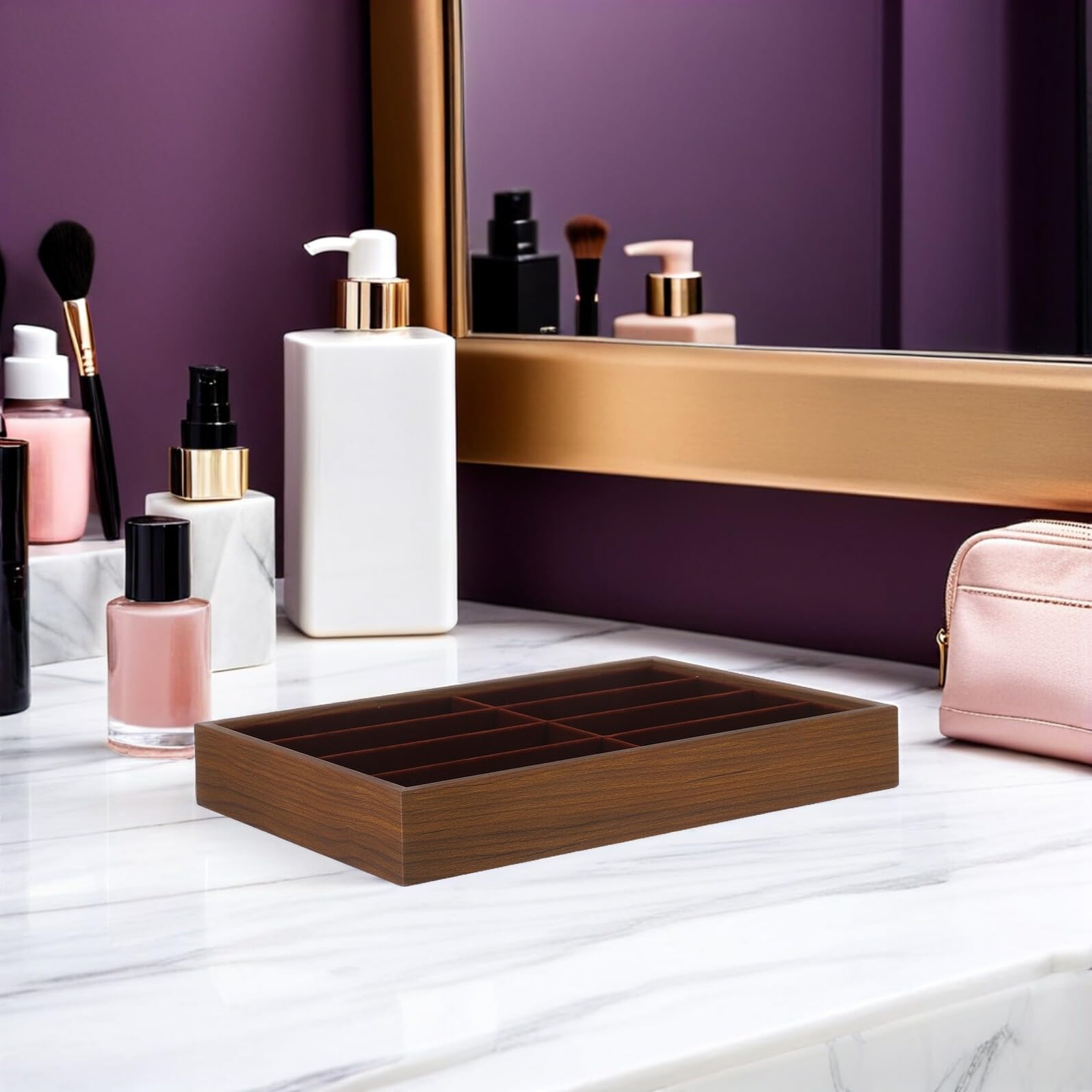 BESPORTBLE Bandeja Organizadora de Gran Capacidad para Gafas 8 Compartimentos Estuche de Madera y Base Antideslizante para Almacenamiento Seguro Hogar