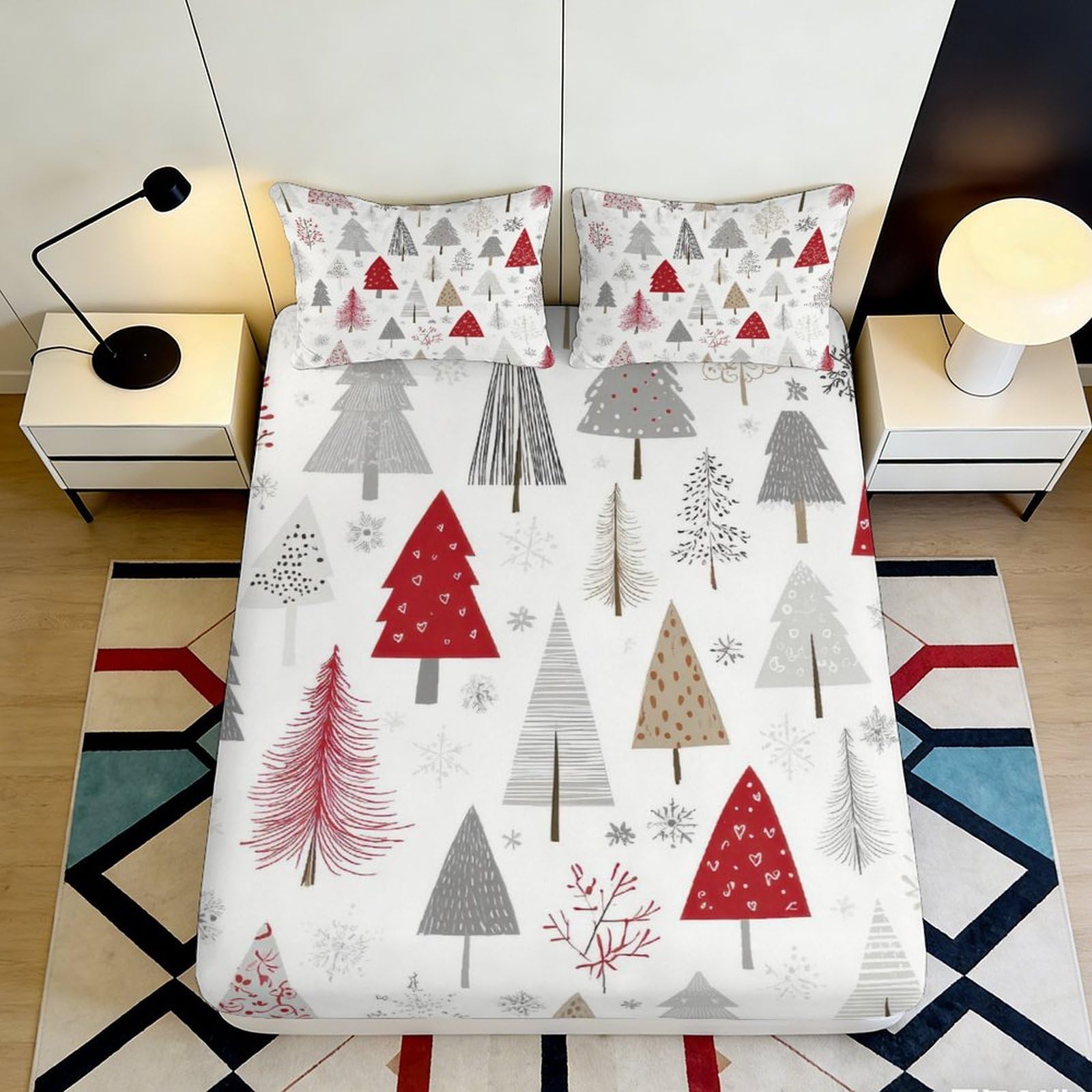 3D Printed Christmas Trees Fitted Sheet Microfiber Deep Pocket Non-Slip Bedroom Bedding Christmas Tree Mattress Fitted Cover 200x200x25cm 90x200x25cm