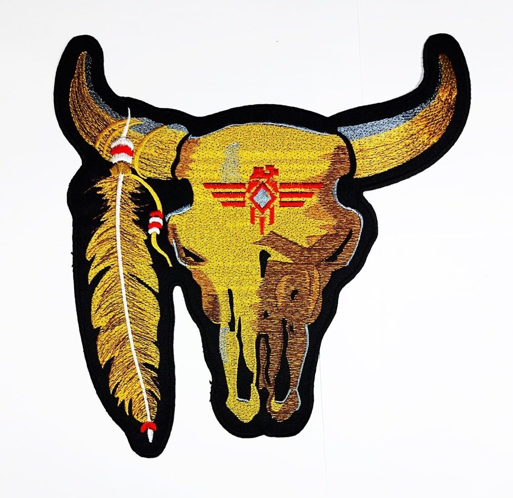 RABANA XXL Native American Indian Bull Buffalo Patch for DIY Bone Ghost Hog Outlaw Hot Rod Motorcycles Rider Lady Biker Jacket T shirt Patch Sew Iron on Embroidered Badge Sign Costume