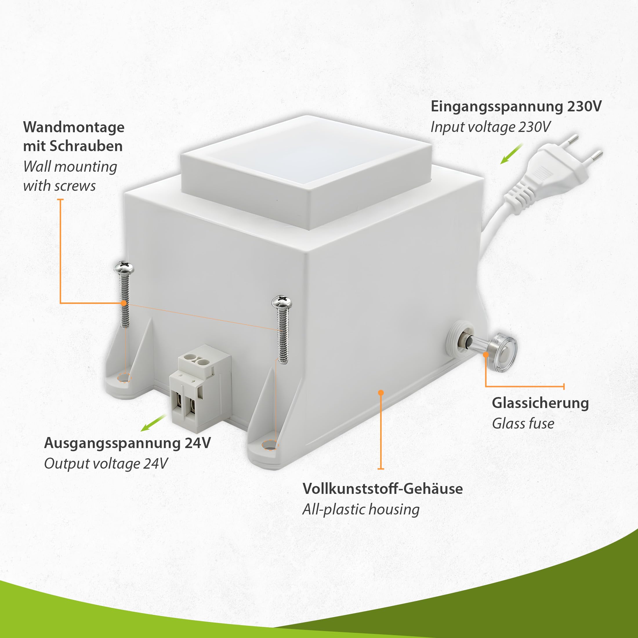 Transformateur de sécurité 24 V / 600 W - Boîtier ABS - Protection contre les surcharges et la surchauffe - Montage mural et sur pied - IP20