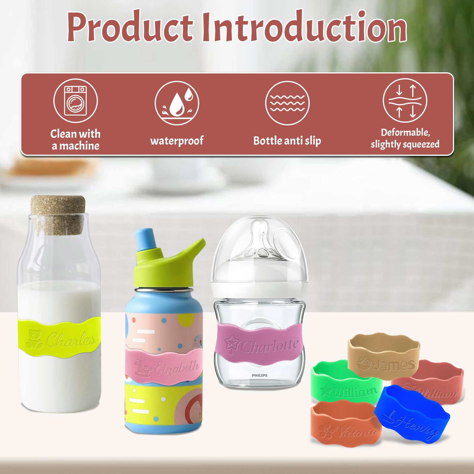 Fasce personalizzate per biberon - Etichette riutilizzabili personalizzate per biberon in silicone, nome inciso per asilo nido.