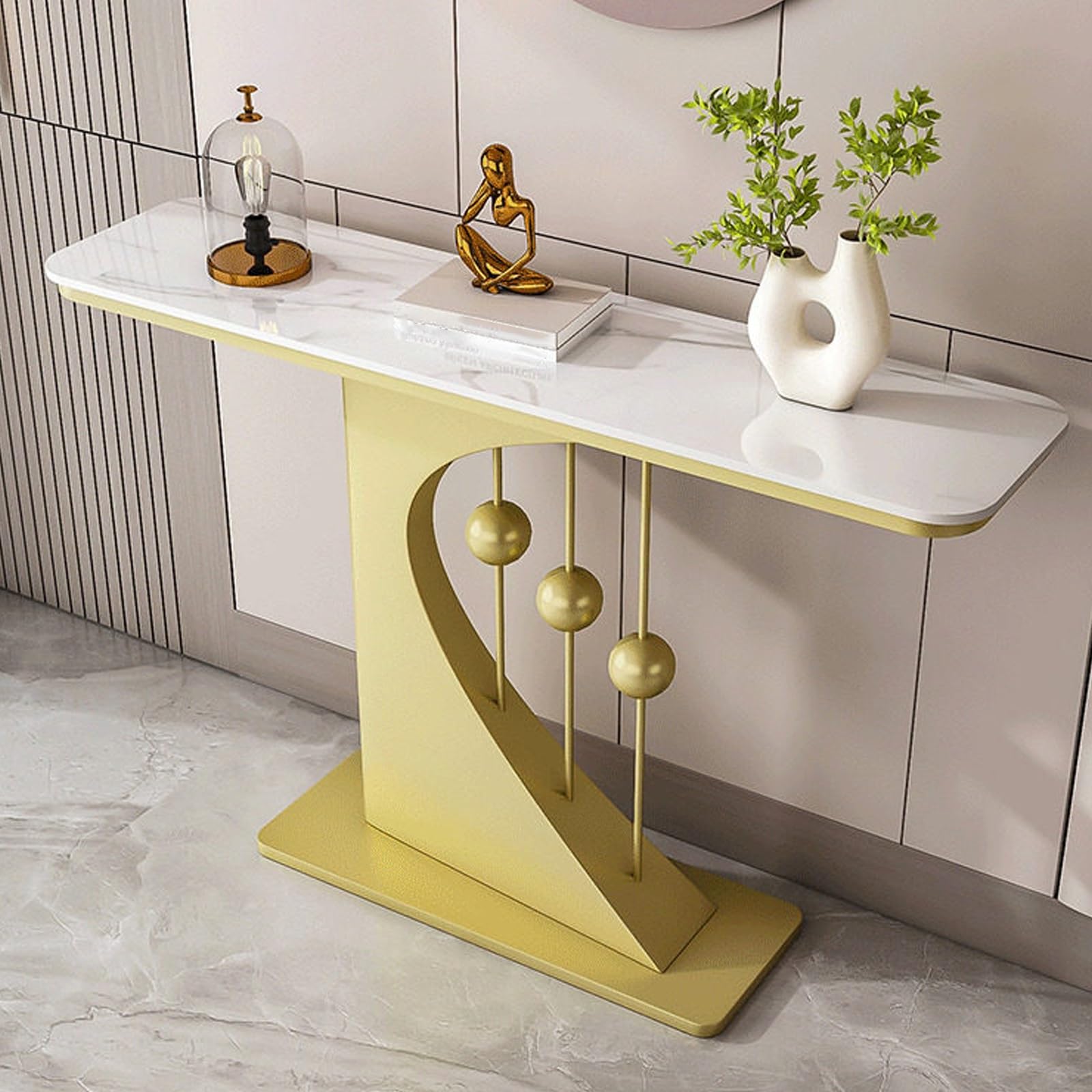 Moderne Imitation marbre d'entrée console, Étroit entrée meuble décoratif console, Style médiéval couloir table, Salon Derrière canapé tables, Support métallique.(White gold,120*30*80cm)