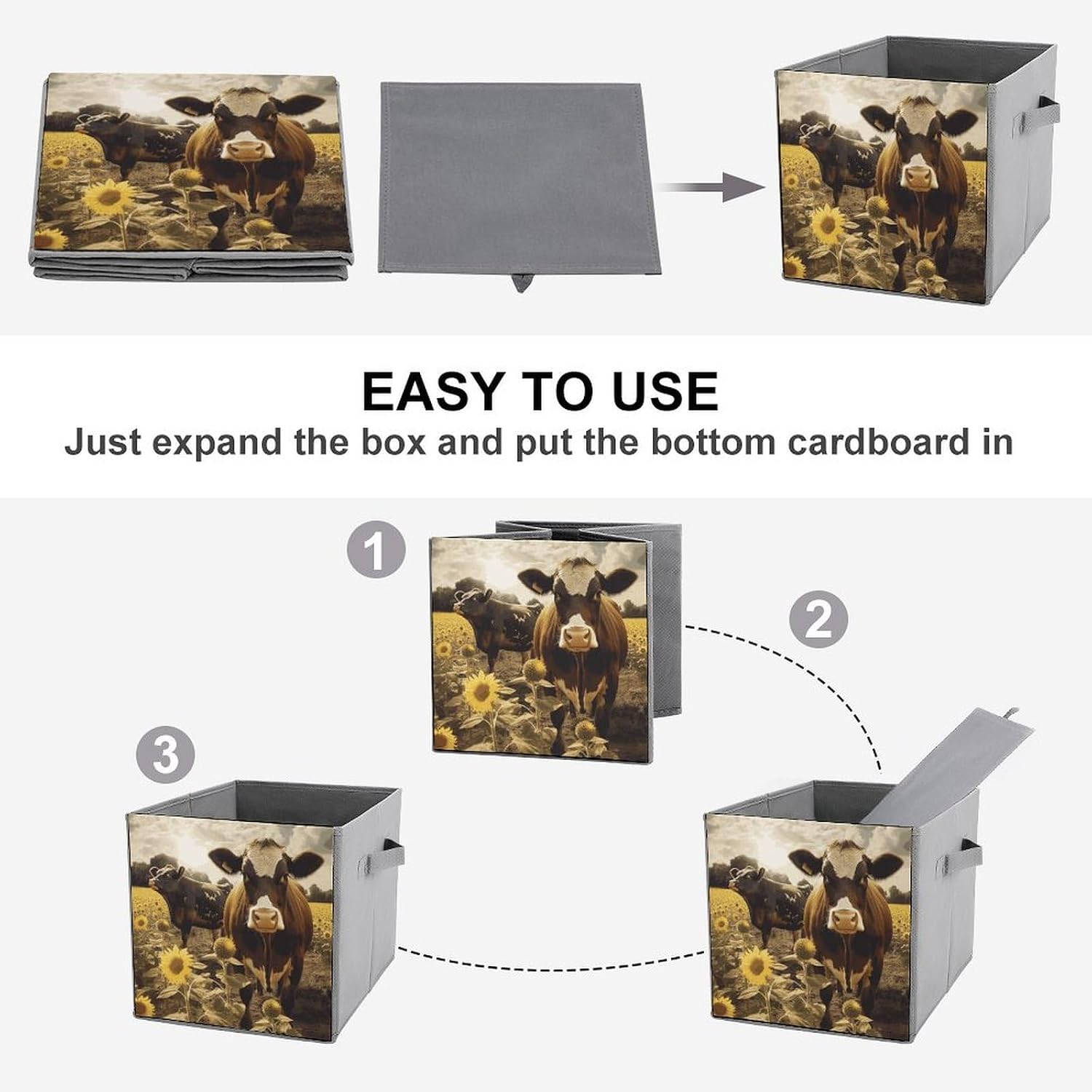 Folding Storage Bins Oxford Fabric Clothes Storage Boxes with Handles | 3D Animal Brown Cow Cube Organizer, Easy to Store, Multi Functional Cube Storage Organizer for Office Bedroom