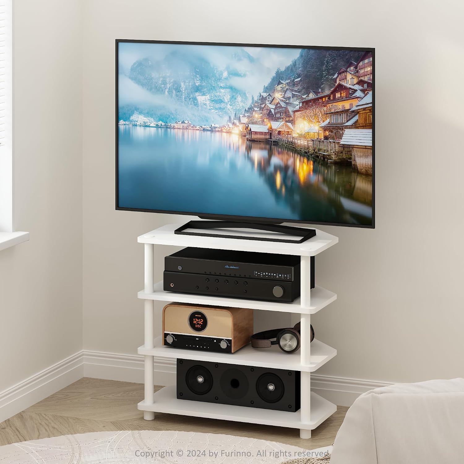 Furinno ECON TV Stand, 4-Tier Corner Petite Entertainment Center, Open Frame TV Console for TV up to 32 Inch, Easy Assembly, for Living Room, Bedroom, White image 2
