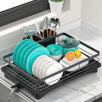 Small Dish Drying Rack for Kitchen Counter with Drainboard & Utensil Holder, Metal Dish Drainers for Kitchen with Adjustable Drain Spout, Ideal Dishes Strainers for Singles or Couples Black