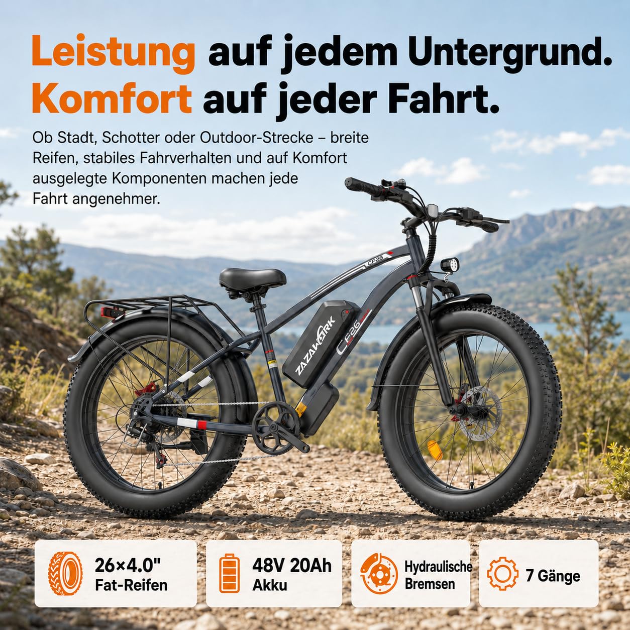 E Bike Herren 26Zoll E Mountainbike 100-120km Reichweite 48V20AH 250W Hintermotor 7-Gang 25km/h E-Bike lockable Federgabel & hydraulische Scheibenbremsen Elektro Fahrrad Männer für Offroad & Trail