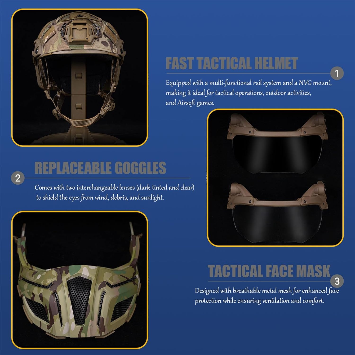 Airsoft Helmet Set with Goggles & Face Mask - Protective & Comfortable Gear for Paintball, Cosplay & Outdoor Adventures