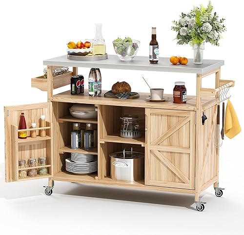 Carrito de parrilla al aire libre con almacenamiento, isla de cocina al aire libre de mesa de acero inoxidable, gabinete de buffet al aire libre de