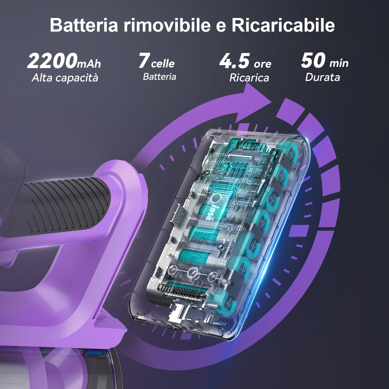 Aspirapolvere Senza Fili Potente 45kPa,Scopa elettrica a Batteria Senza Sacco, Rimovibile Batteria 50min,Multi-filtraggio, LED luci, 1,2L, Pieghevole Tubo Metallico