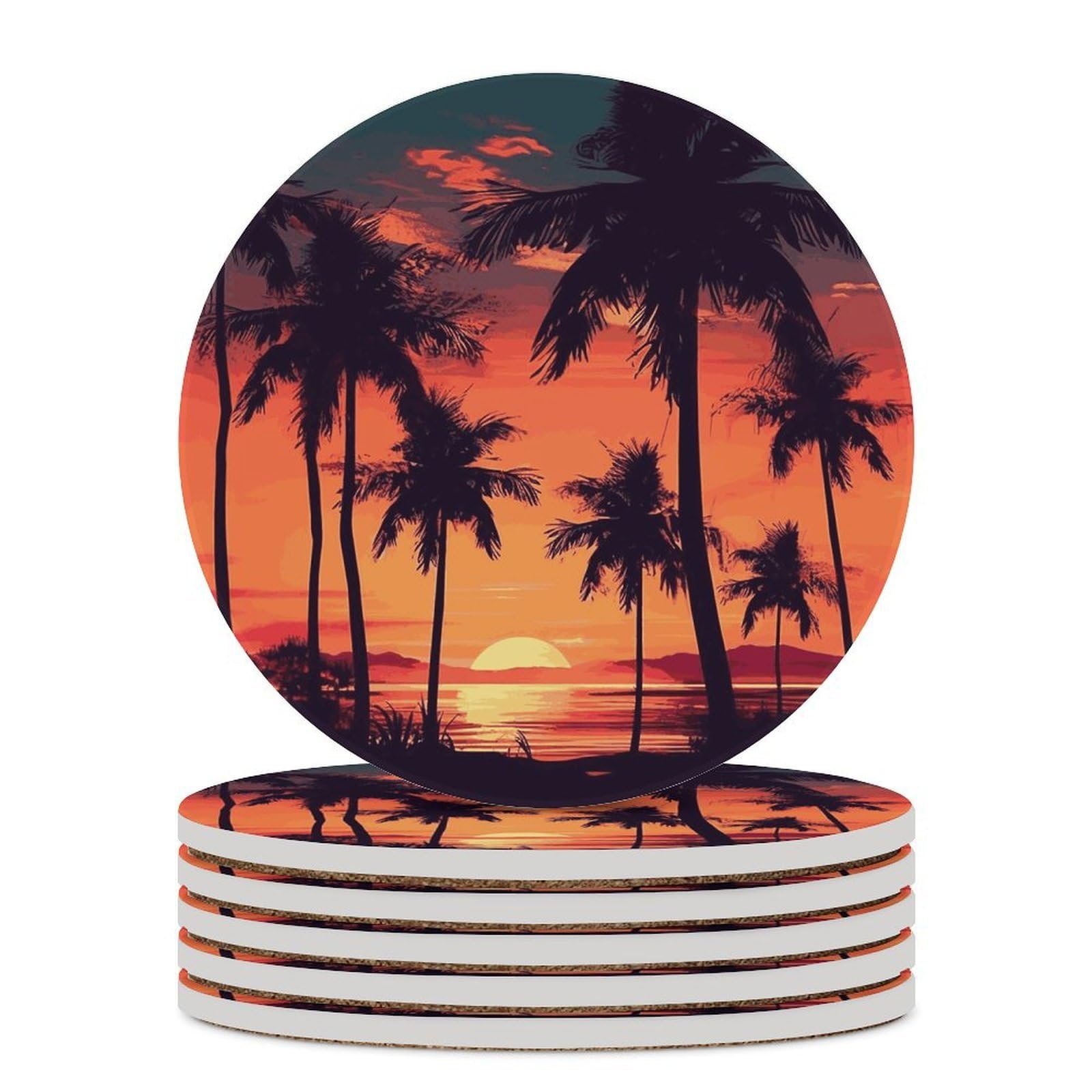 Palm Tree Summer Sunset Coaster with Cork Base Drink Coasters for Coffee Table Decor Modern Cup Coasters with Non-Slip & Heat-Resistant Cute Ceramic Table Coaster for Home Dining