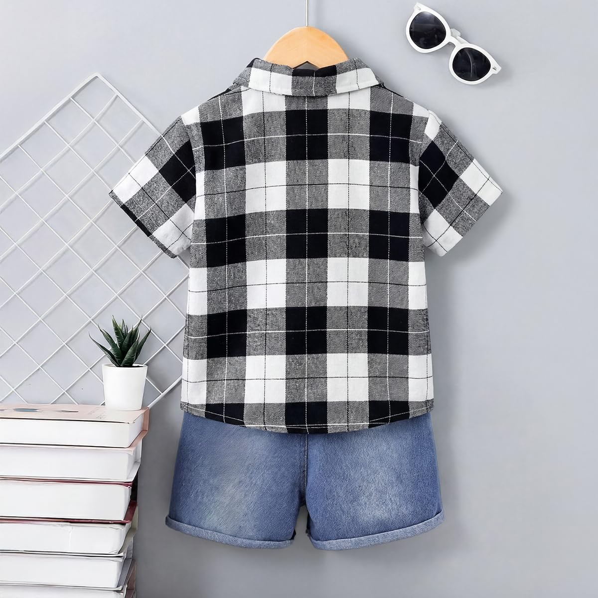Boys 2 Piece Summer Outfit Set Plaid Short Sleeve Button Down Shirt and Faux Denim Distressed Shorts Kids 3-9