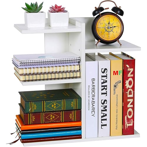 PAG Wood Desktop Shelf Small Bookshelf Desk Supplies Organizers and Accessories Storage Display Rack Office Decor for Women, White
