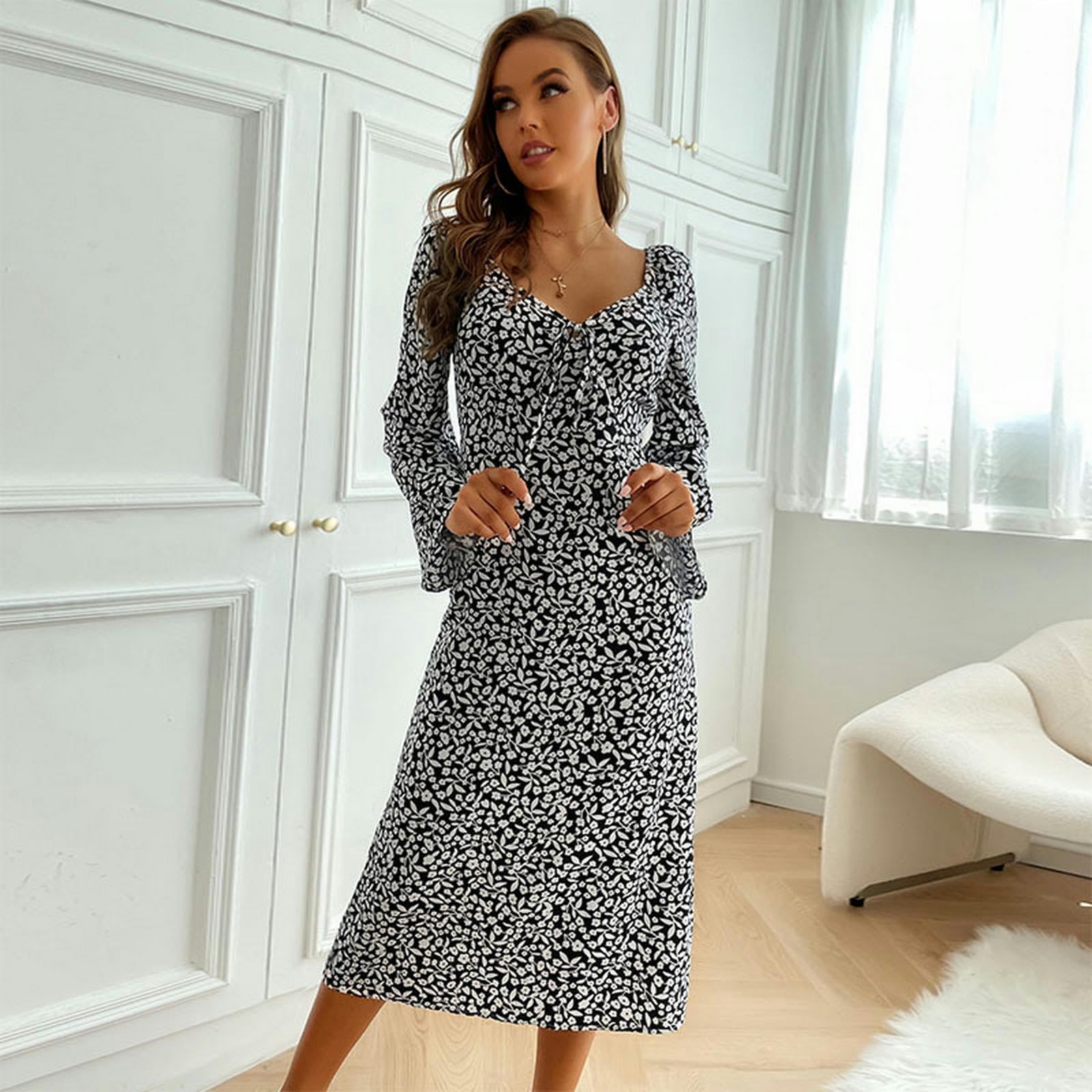 Vestido de cuello cuadrado para mujer, vestido de manga larga con volantes, estampado floral bohemio, vestidos fluidos YYEFNMAZ