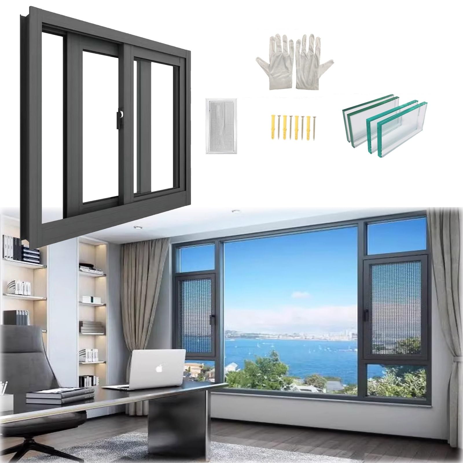 Finestra di ricambio in vinile nero in alluminio, 63,5 x 45,7 cm, scorrevole orizzontale, isolamento termico e insonorizzante, ideale per case, capannoni, polli, design ad alta efficienza energetica