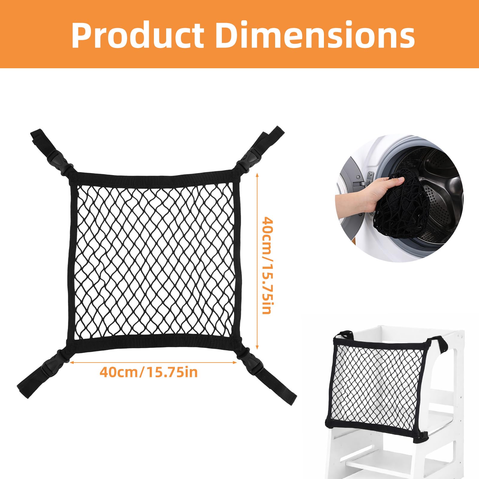 Toddler Standing Tower Safety Net 40x40cm/15.75x15.75in, 4-Sided Dense Mesh Net Guard for Learning Tower Step Stool with Adjustable Straps for Kids Home Kitchen Room Safety Helper Accessories (Black) - 2