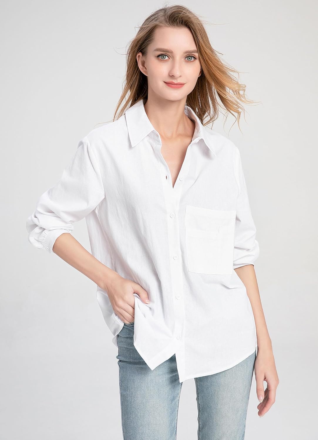 Minibee Women's Long Sleeve Shirts Button Down Blouse Cotton Tunic High Low Tops - Image 2