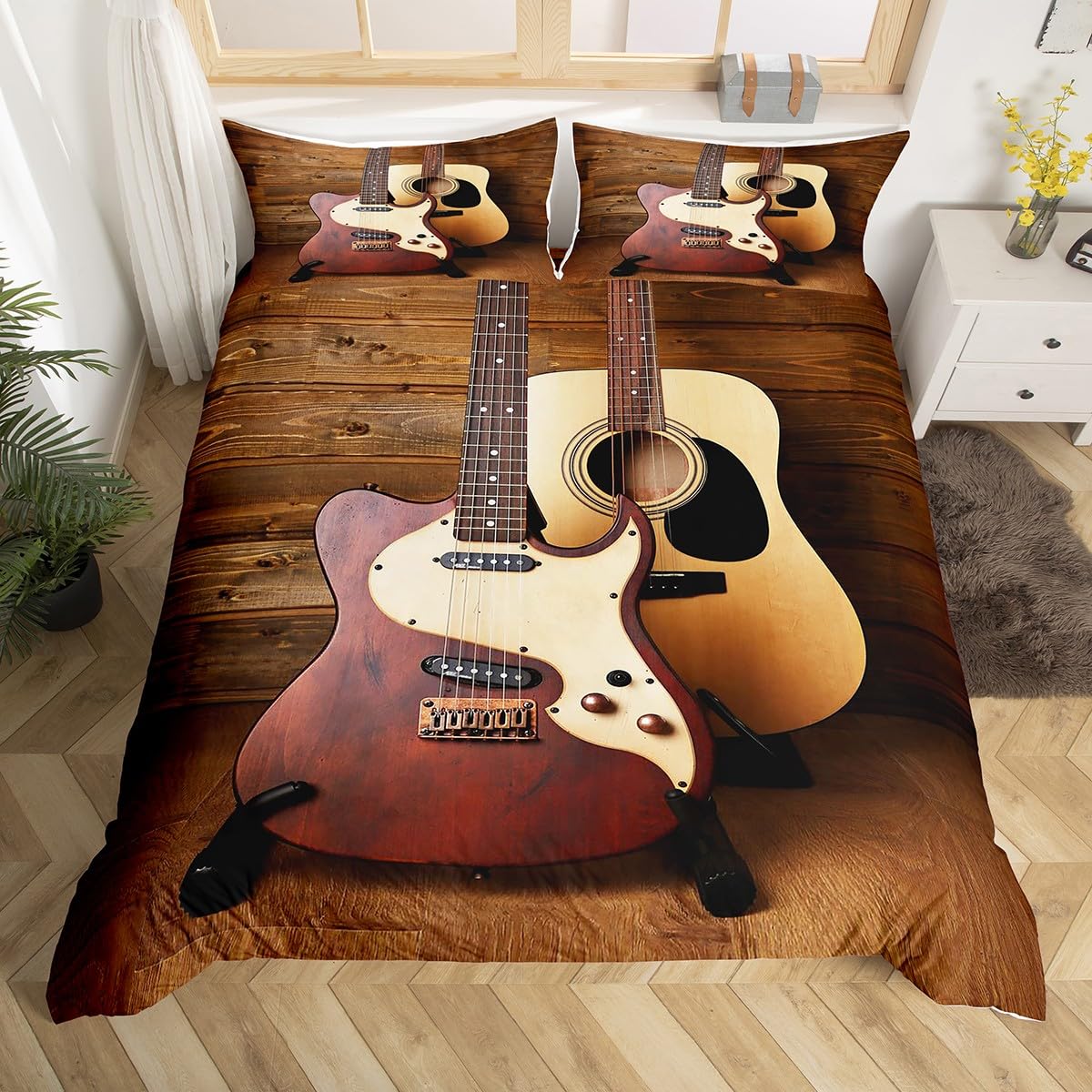 Homewish Electric Guitar Bedding Sets Single Acoustic Guitar Comforter Cover, Vintage Guitar Shop Bed Set Brown Wooden Stripe Duvet Cover Retro Farm Style Quilt Cover Musician Room Decor โ image 1