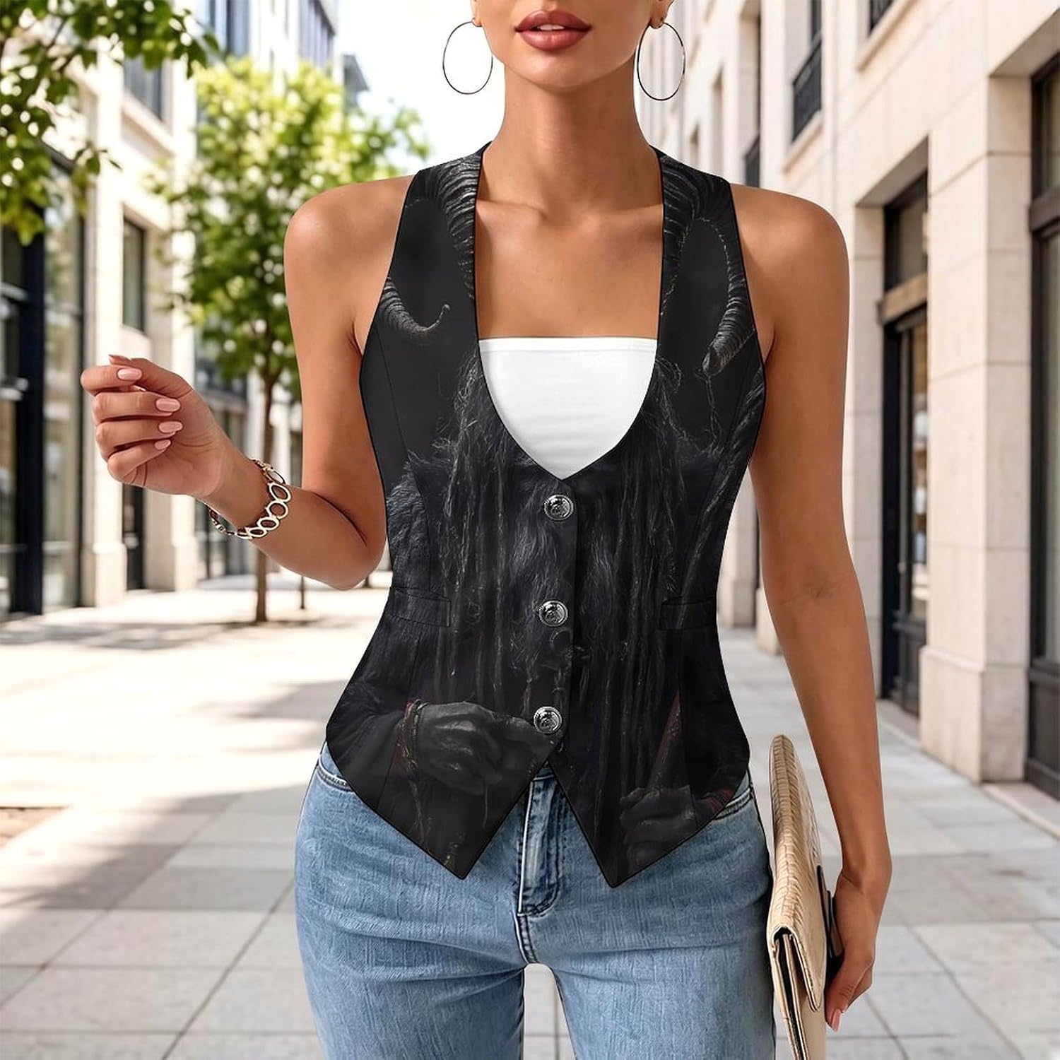 Devil Krampus Women's Tuxedo Waistcoat Suit Vest | 3 Button V-Neck Slim Fit Casual Sleeveless Top