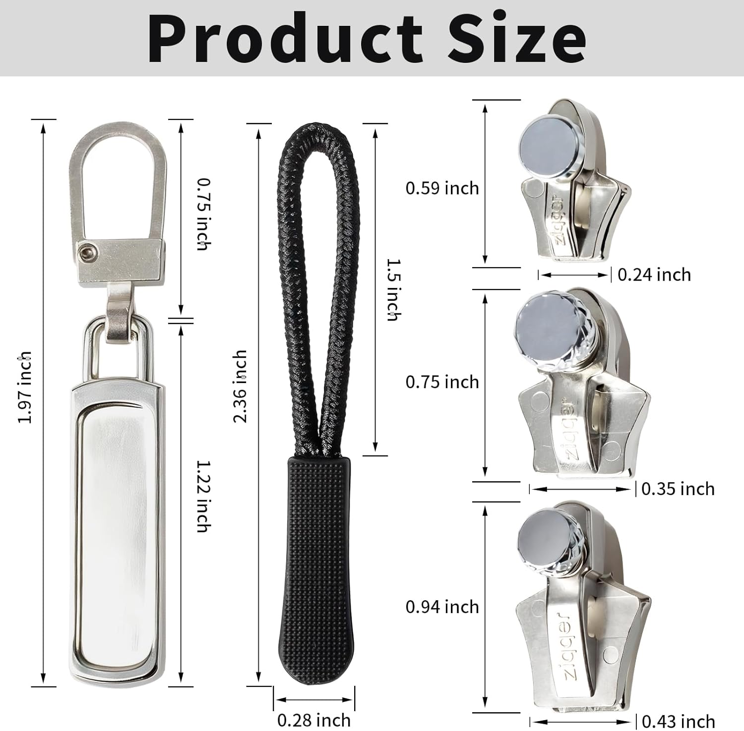Zipper Repair Kit, 3 Different Sizes Zipper Slider Replacement, Quick Install Zip Detachable Pulls Heads with 6 Pcs Zipper Pulls for Jackets, Luggage, Backpack, Bags(Silver/SML) Small/Medium/Large-Silver