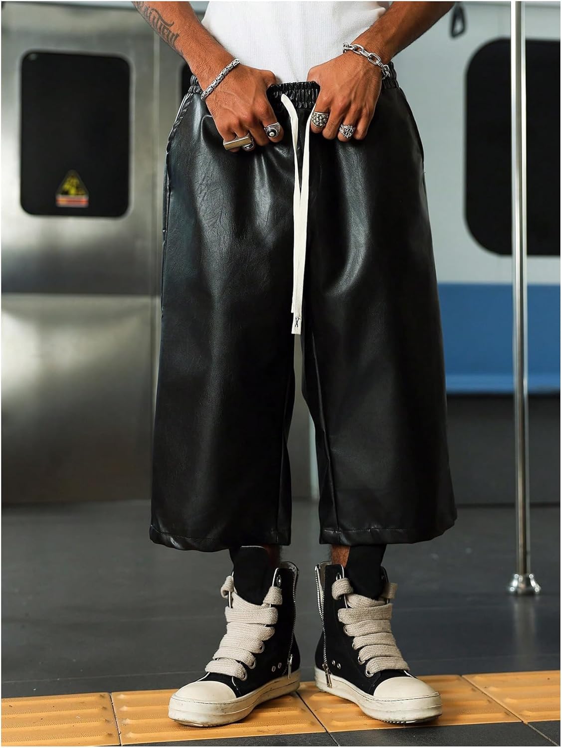 Verdusa Men's PU Leather Shorts Hip Hop Capris Wide Leg Bermuda Shorts with Pockets - Image 4