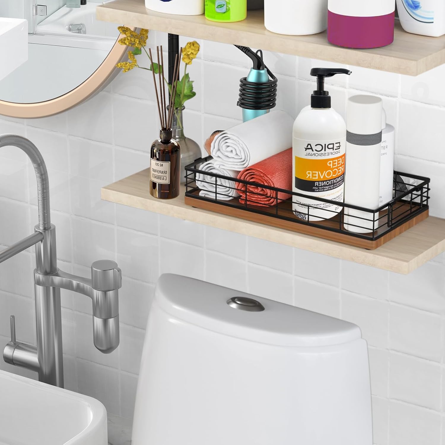 Toilet Paper Basket, 13" Bathroom Basket with Handle, Wood & Iron Toilet Tank Basket, Toilet Basket for Bathroom Tank Topper, Back of Toilet Basket for Living Room and Kitchen Counter (brown) - Image 3