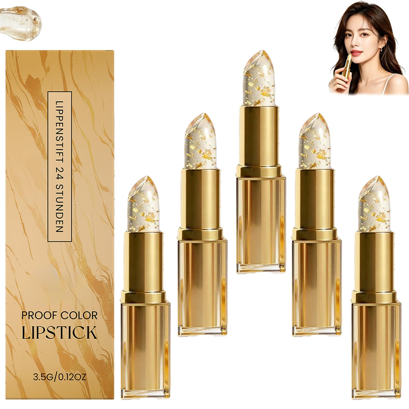 Goldfolien-Lippenstift Mit PH-Wert-Änderung,Temperaturaktivierter Getönter Lippenbalsam,Langanhaltender,Feuchtigkeitsspendender, Glänzender Lippenstift Für Damen, Pflegend Und Nährend (5pcs)
