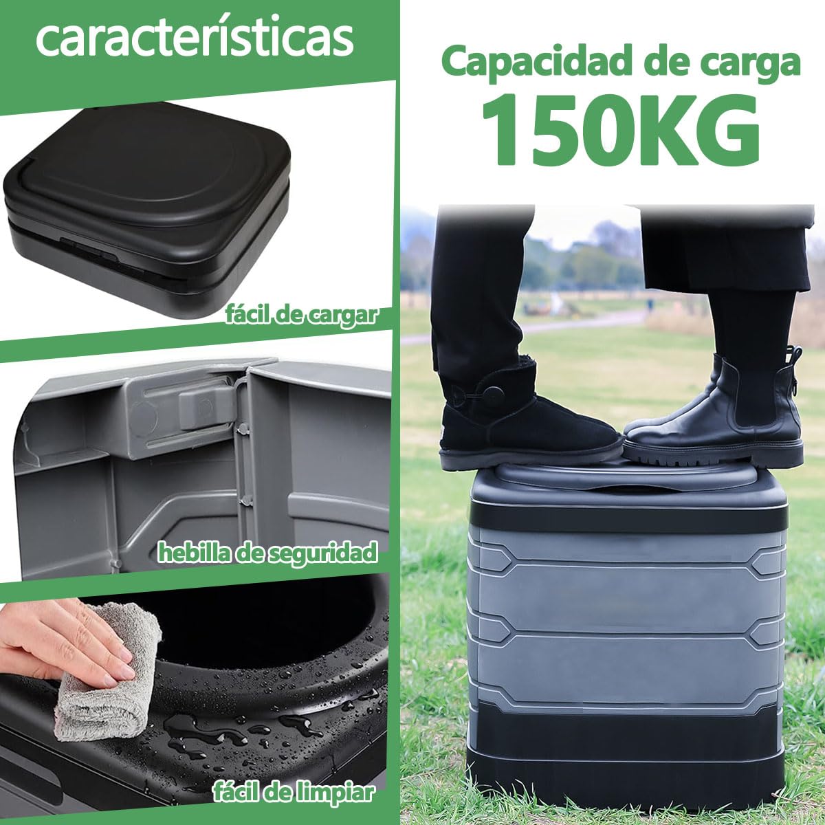 Inodoro para Acampar Plegable XXL, Exterior WC Portatil Camping Grande de 40cm de Altura | Fácil de Limpiar, Fácil de Cargar | Adecuado para Salir, Emergencias de Atascos de Tráfico | Con 20 bolsas de basura grandes para camping, senderismo, viajes, autoc