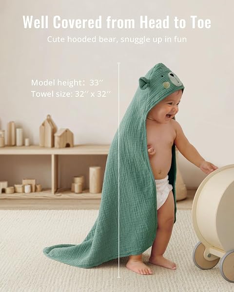 Blissful Diary Muslin Baby Hooded Towel 2 Pack, Soft & Absorbent Bath Towel for Infant, Toddler, Unisex, Baby Gift, Newborn Essentials, Bear & Lamb - 5