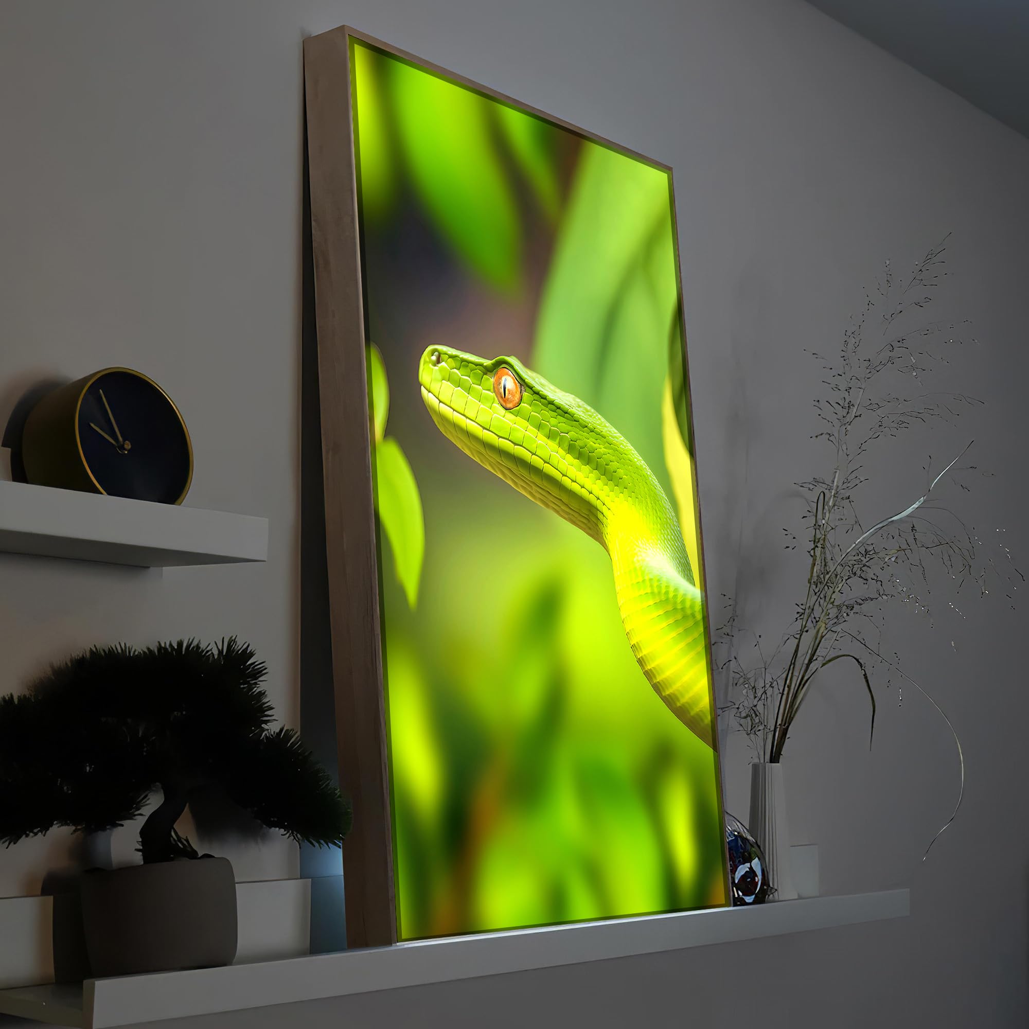 LED Wandbild Grüne Schlange – Beleuchtetes Tier Dschungel Reptil Leuchtbild