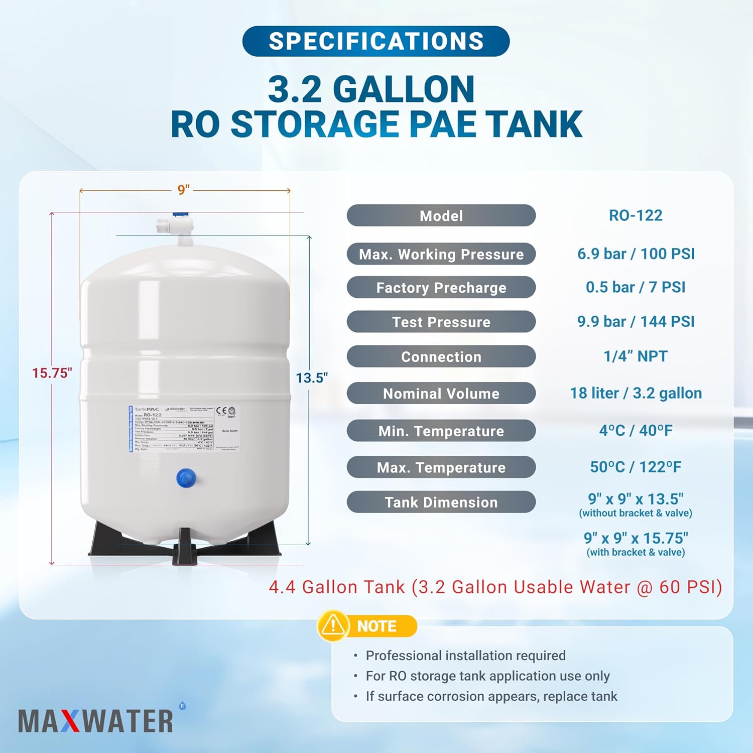 Max Water NSF Certified Heavy Duty 4.4 Gallon @100 PSI RO (Reverse Osmosis) Water Storage Tank, PA-E RO-132 + Valve