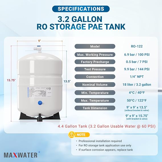 Max Water NSF Certified Heavy Duty 4.4 Gallon @100 PSI RO (Reverse Osmosis) Water Storage Tank, PA-E RO-132 + Valve