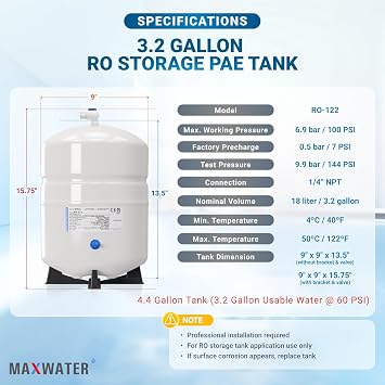 Max Water NSF Certified Heavy Duty 4.4 Gallon @100 PSI RO (Reverse Osmosis) Water Storage Tank, PA-E RO-132 + Valve