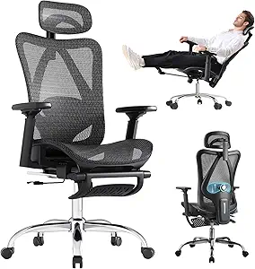 Ergonomic Office Chair, 3-Level Tilt Backrest, 3D Headrest, 3D Armrest and Retractable Footrest, Mesh Breathable SGS Class 4 Gas Clylinder, Black